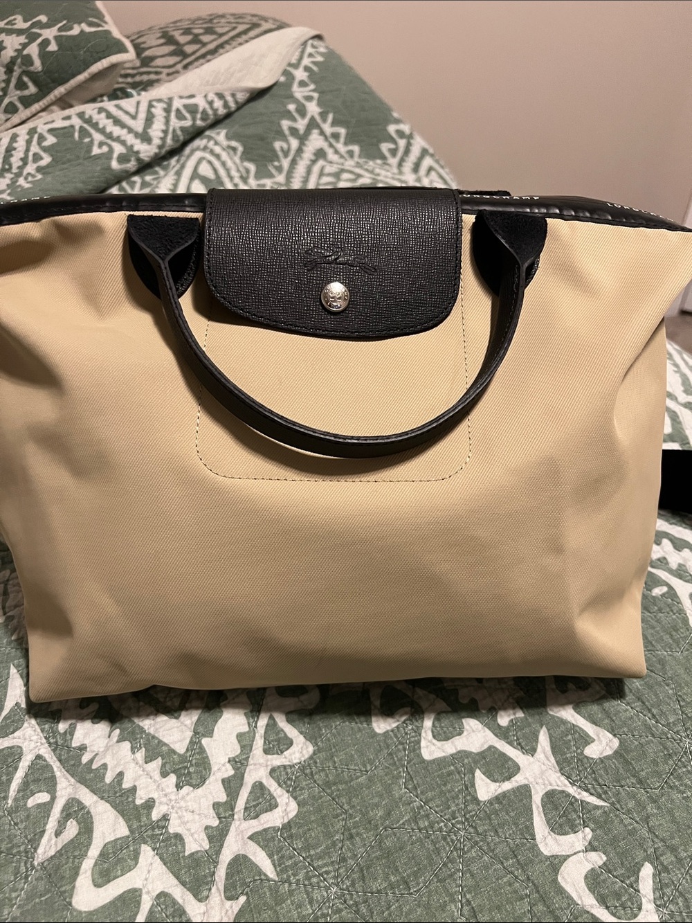 Longchamp energy Beige Tote with Black Leather Trim